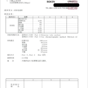 BOKEN 品質檢測報告書：奈米鋅稀釋 1,500ppm 消臭性測試，甲醛減少率 99% 以上