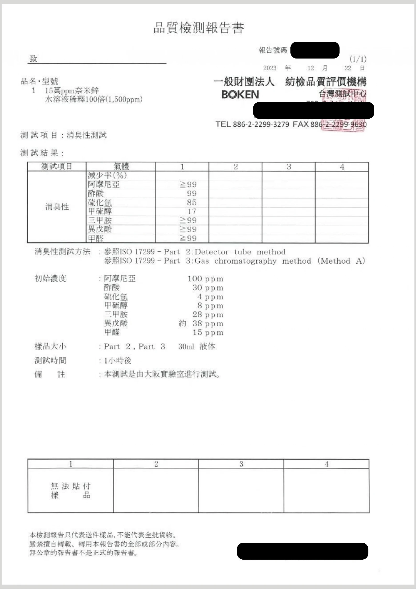 BOKEN 品質檢測報告書:奈米鋅稀釋 1,500ppm 消臭性測試,甲醛減少率 99% 以上