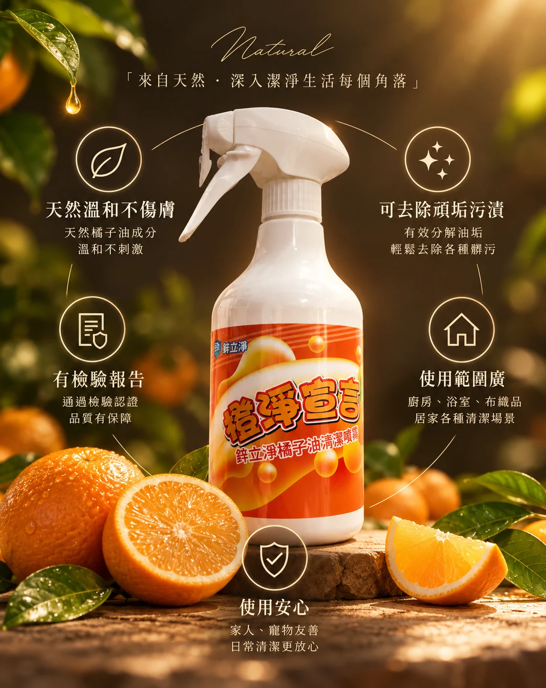 橙淨宣言鋅立淨橘子油清潔噴霧 500mL,天然橘子油成分,去除油垢與頑垢